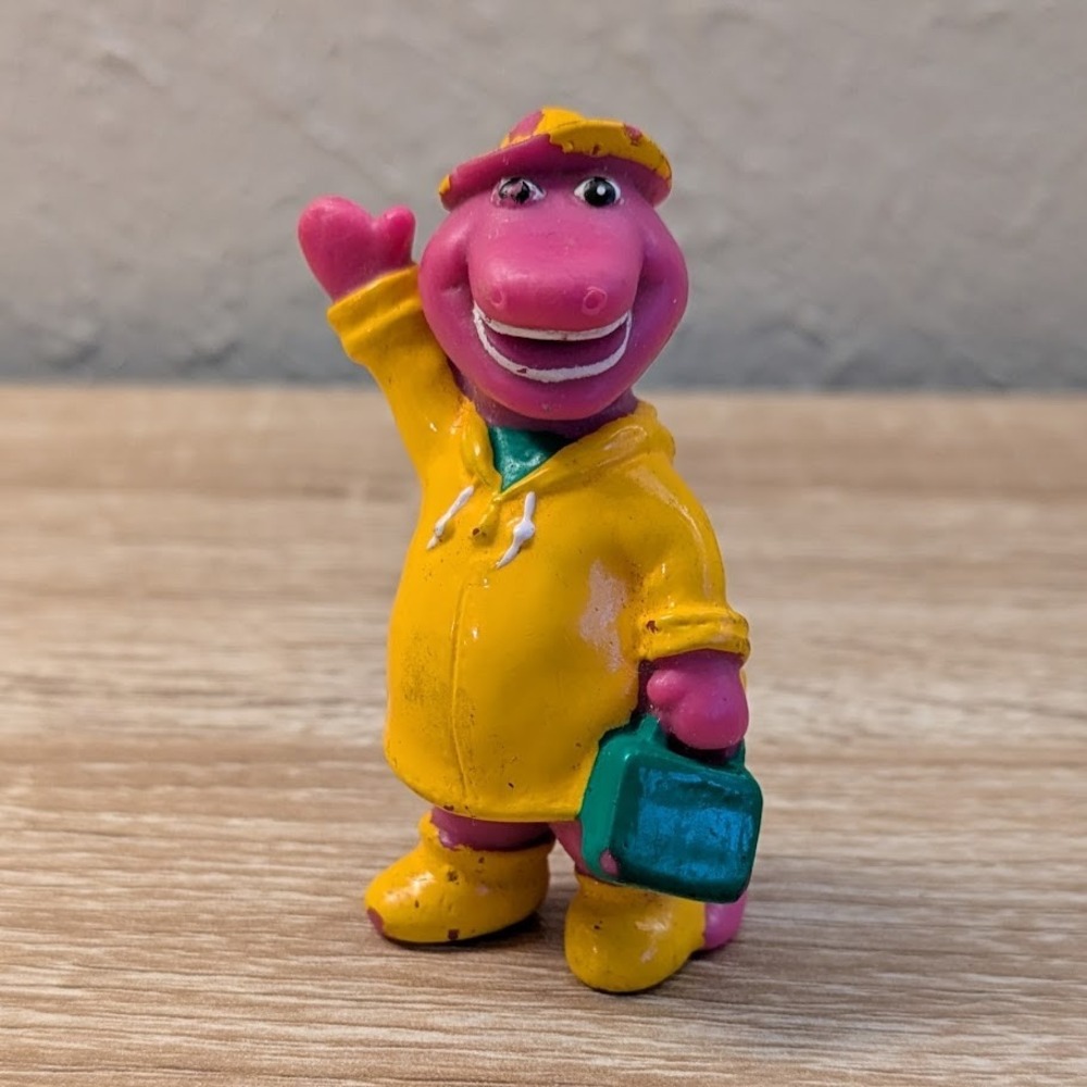 VTG 1993 Barney the Dinosaur PVC Figure Yellow‎ Raincoat Waving 2.5" Collectible